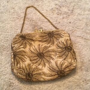Elegant Cream and Gold Embroidered Clutch Vintage